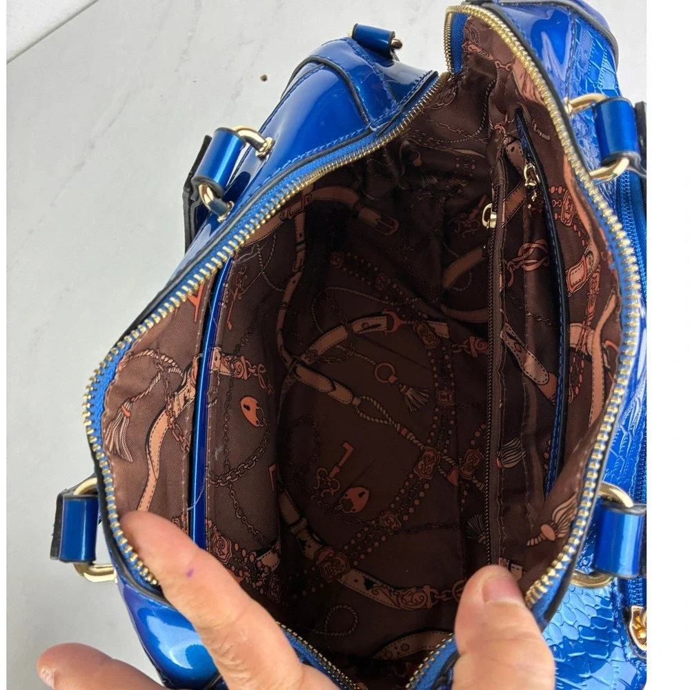 Blue Croc Embossed Patent Satchel Bag - Medium - Y2K Glam Maximalist Handbag